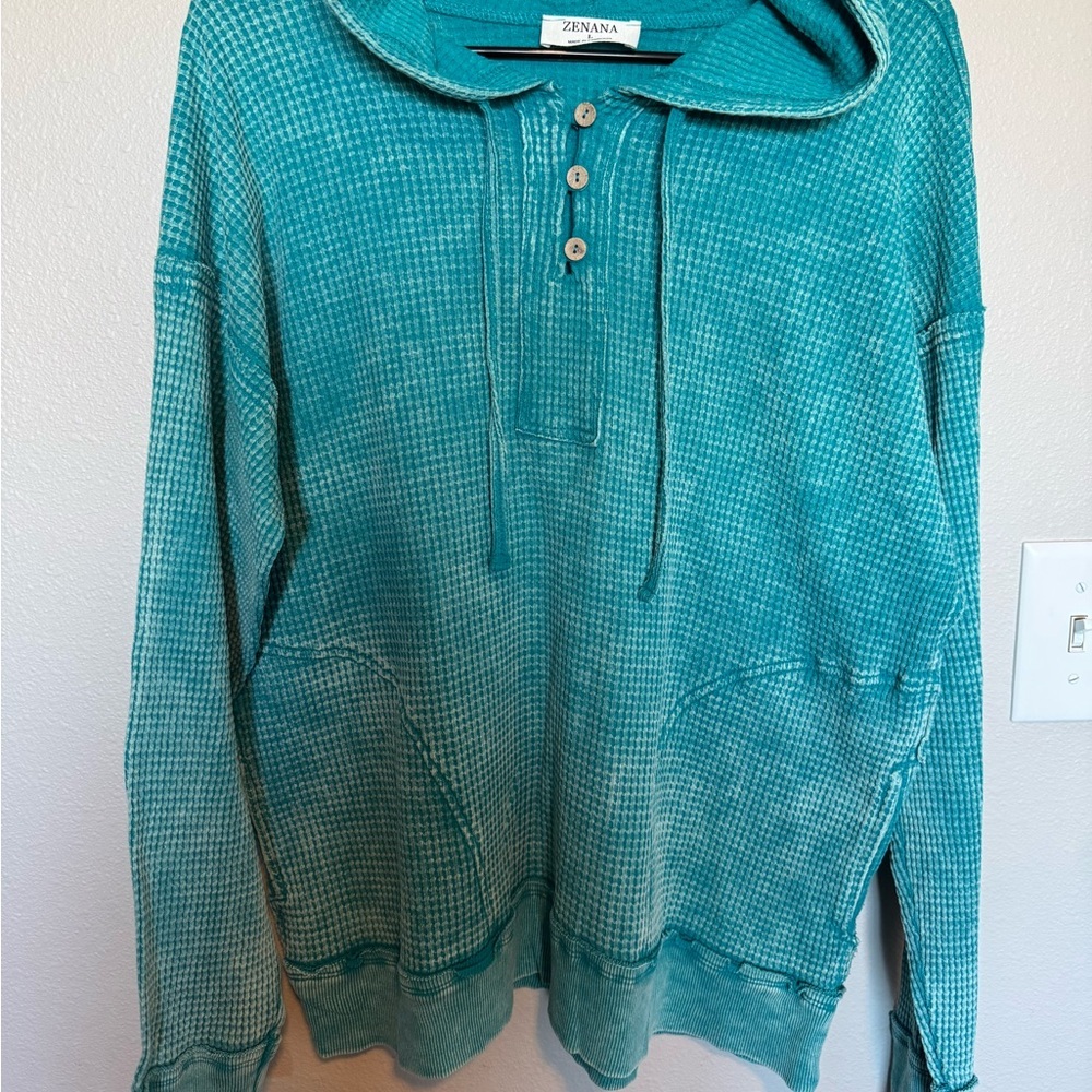 Zenana Outfitters Turquoise Waffle Knit Hoodie Size Large